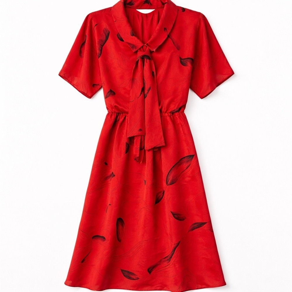 Womens Dress 8 Red Black Abstract Flowy Bow Statement Office Professional Chic - Picture 2 of 11